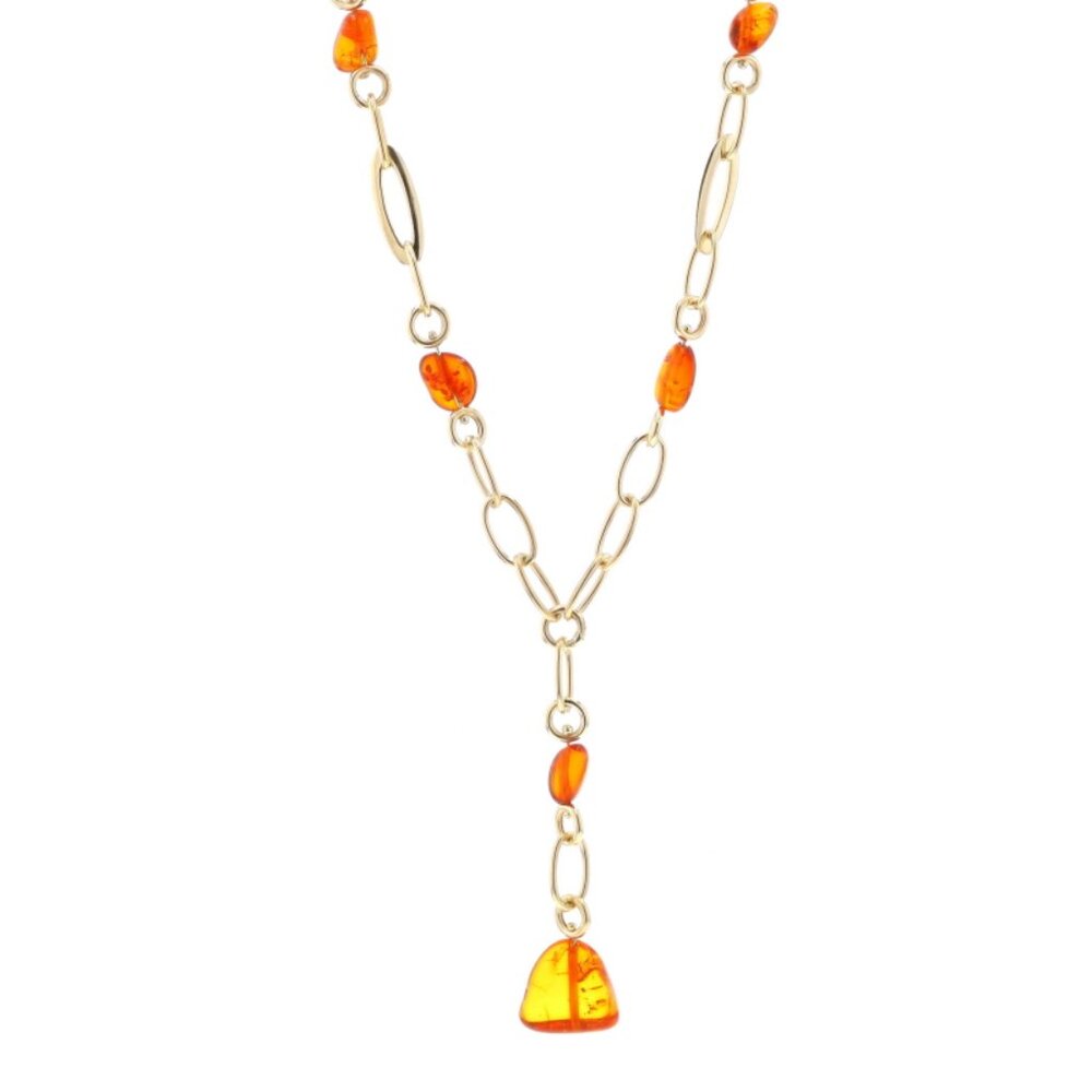 Milor Amber Lariat Drop Necklace 17 3/4" - Yellow Gold 14k Italy
